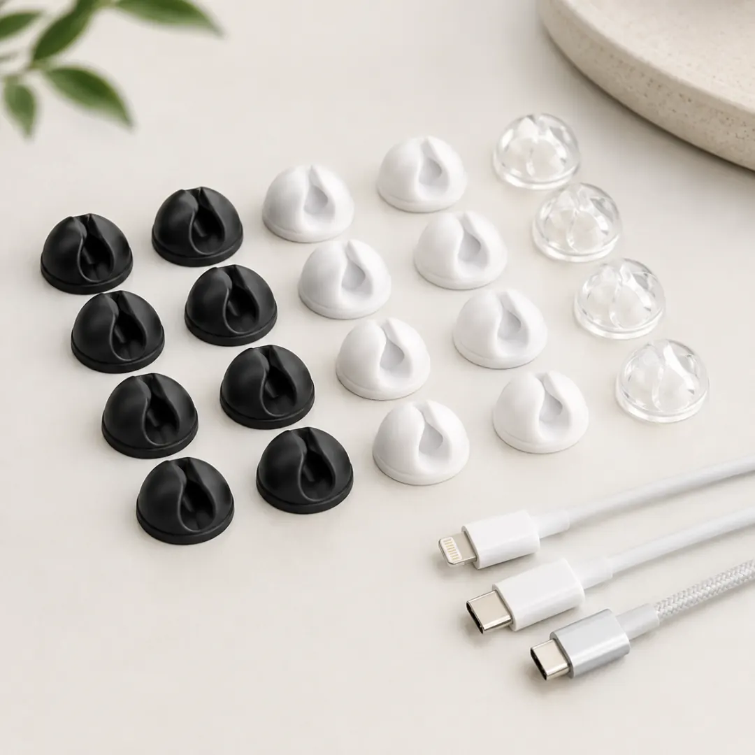 Twenty cable organizer clips in transparent, white and black laid out flat