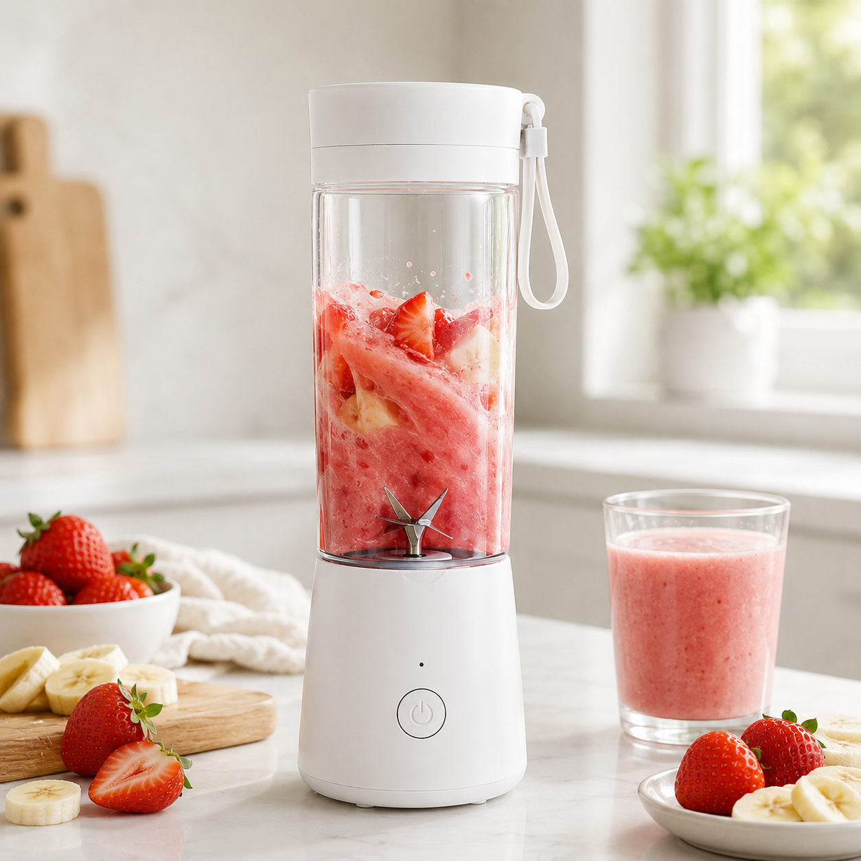 White portable blender blending strawberries and banana, with the finished drink poured into a glass