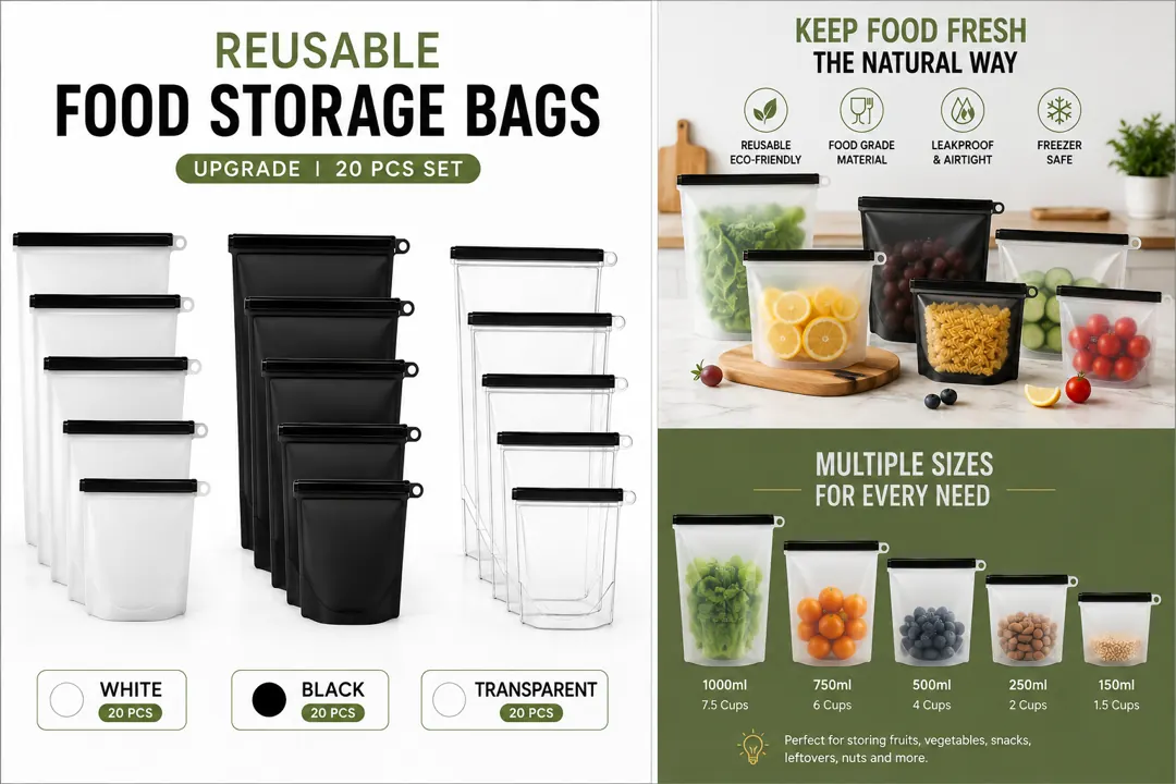 Detail of the available colors and the multiple bag sizes in the set