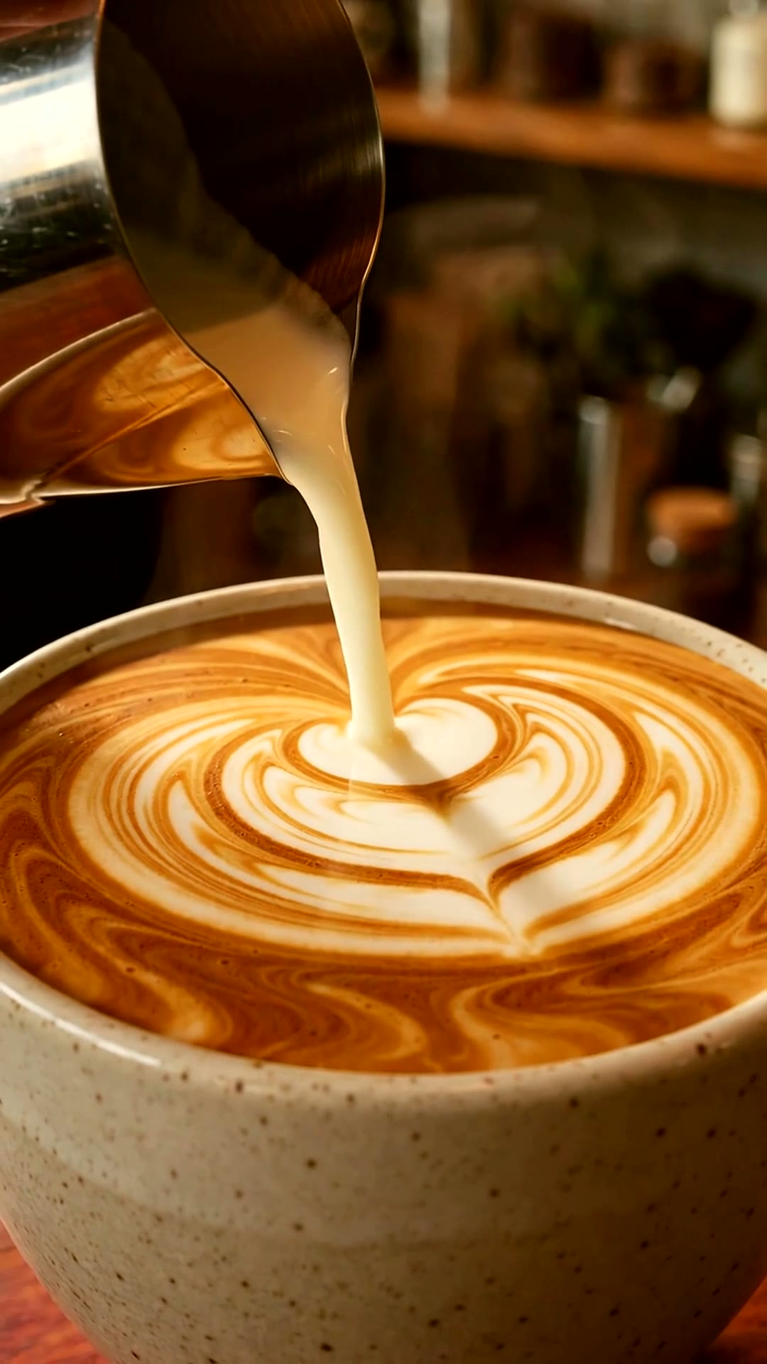 The handheld milk frother whipping milk into foam