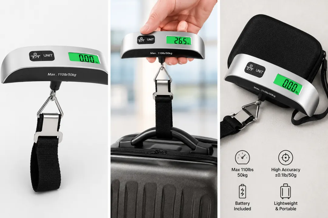 Detail panels showing the luggage scale, suitcase use and compact storage