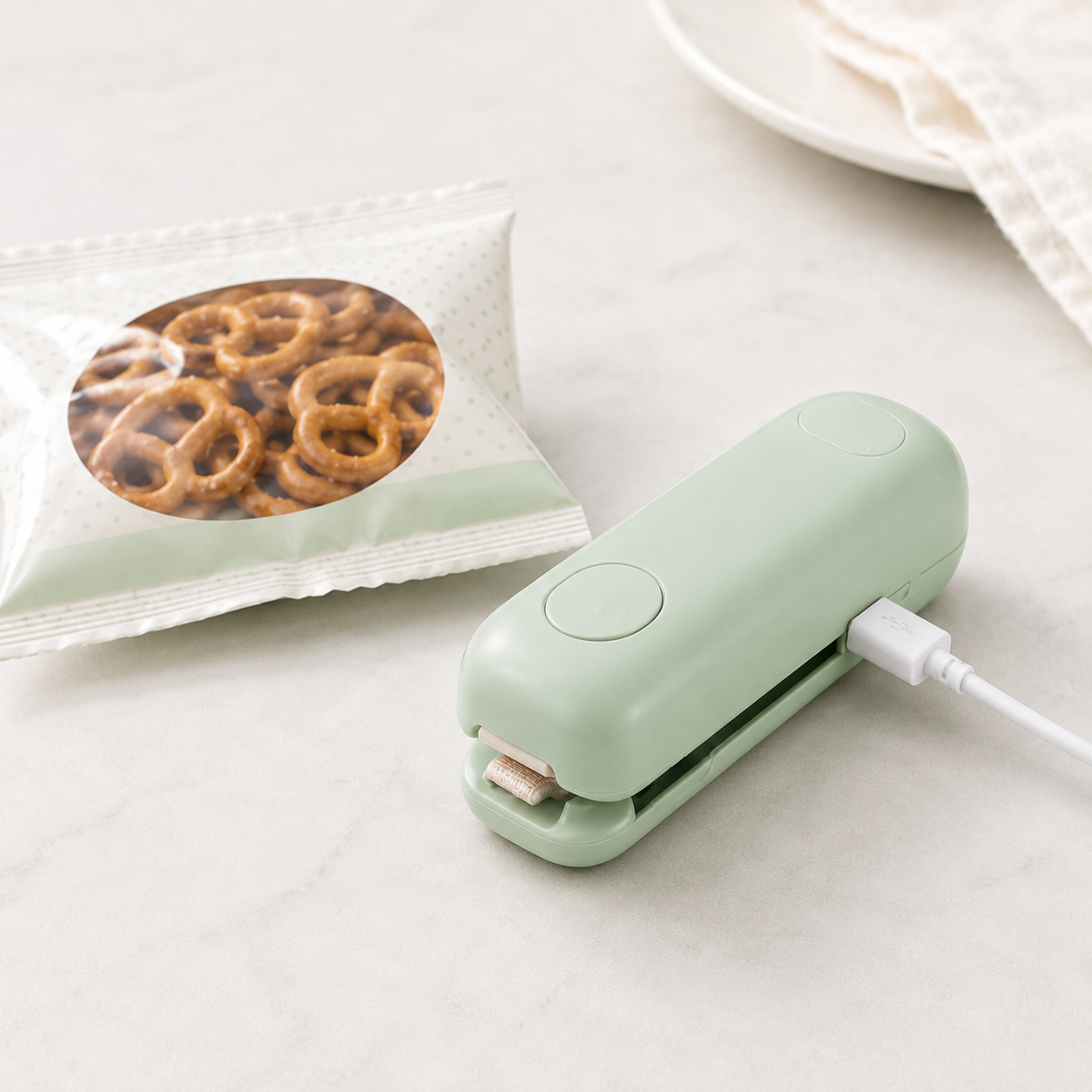 Green mini bag sealer beside a sealed snack bag with its charging cable