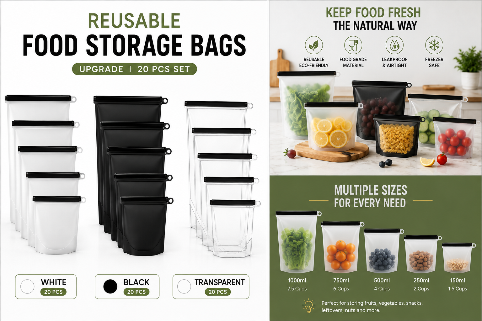 Detail of the available colors and the multiple bag sizes in the set