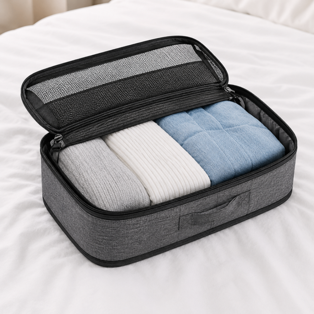 Detail of an open packing cube with folded clothes and its mesh lid