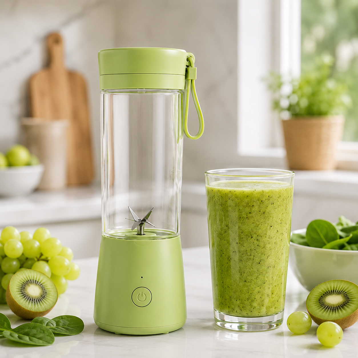 Green portable blender beside a freshly blended green smoothie