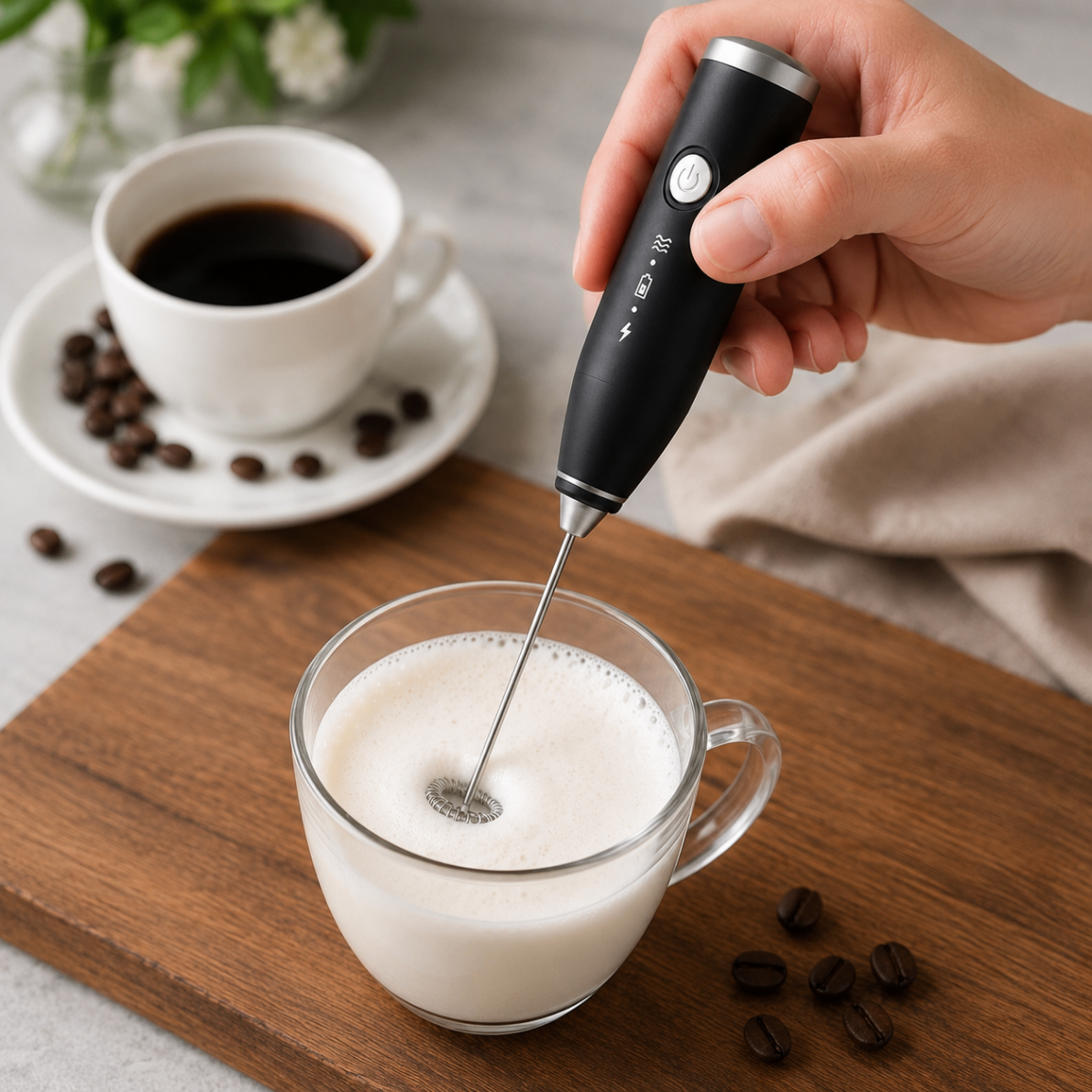 The frother whisking milk directly in a glass cup beside a cup of coffee