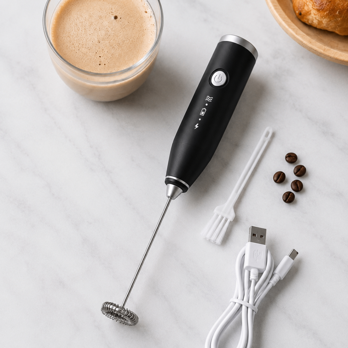 The frother laid out with its whisk, cleaning brush and USB cable