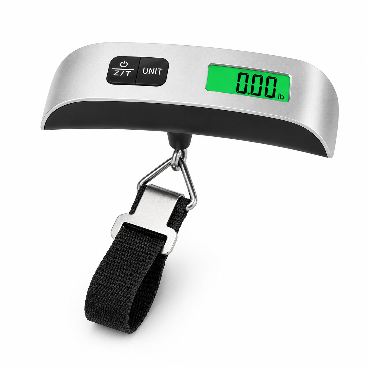 Silver digital luggage scale with black carrying strap