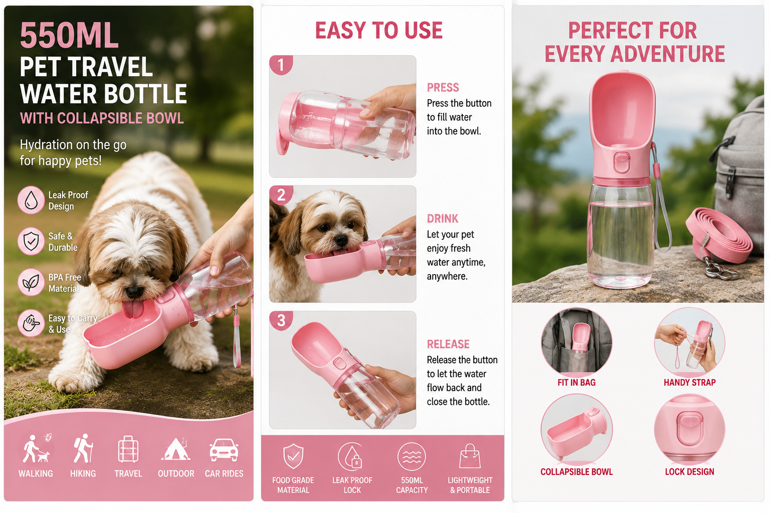 Detail panels showing the 550 ML capacity, collapsible bowl and leak-proof lock