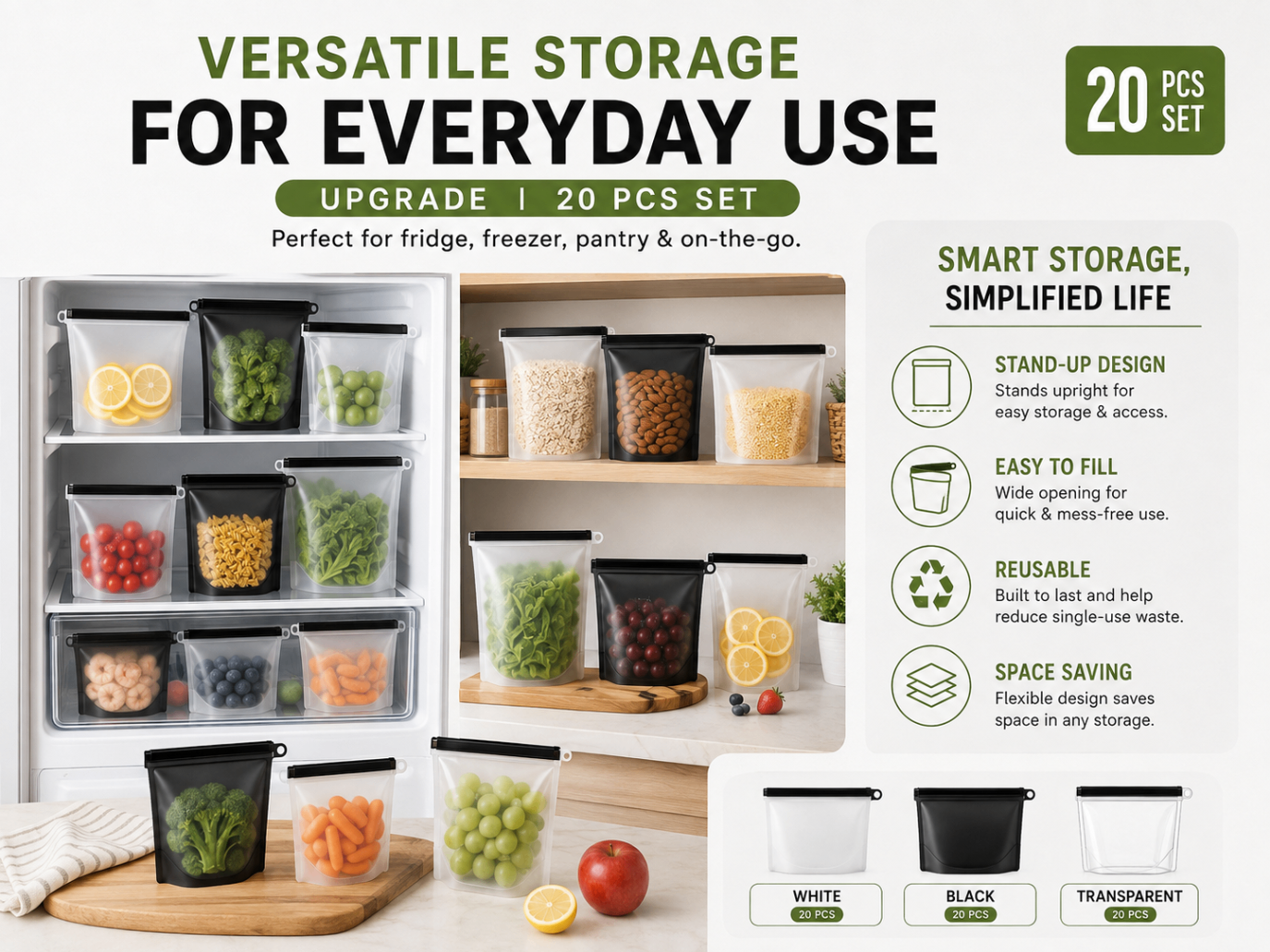 Storage bags standing upright in a fridge and on a pantry shelf