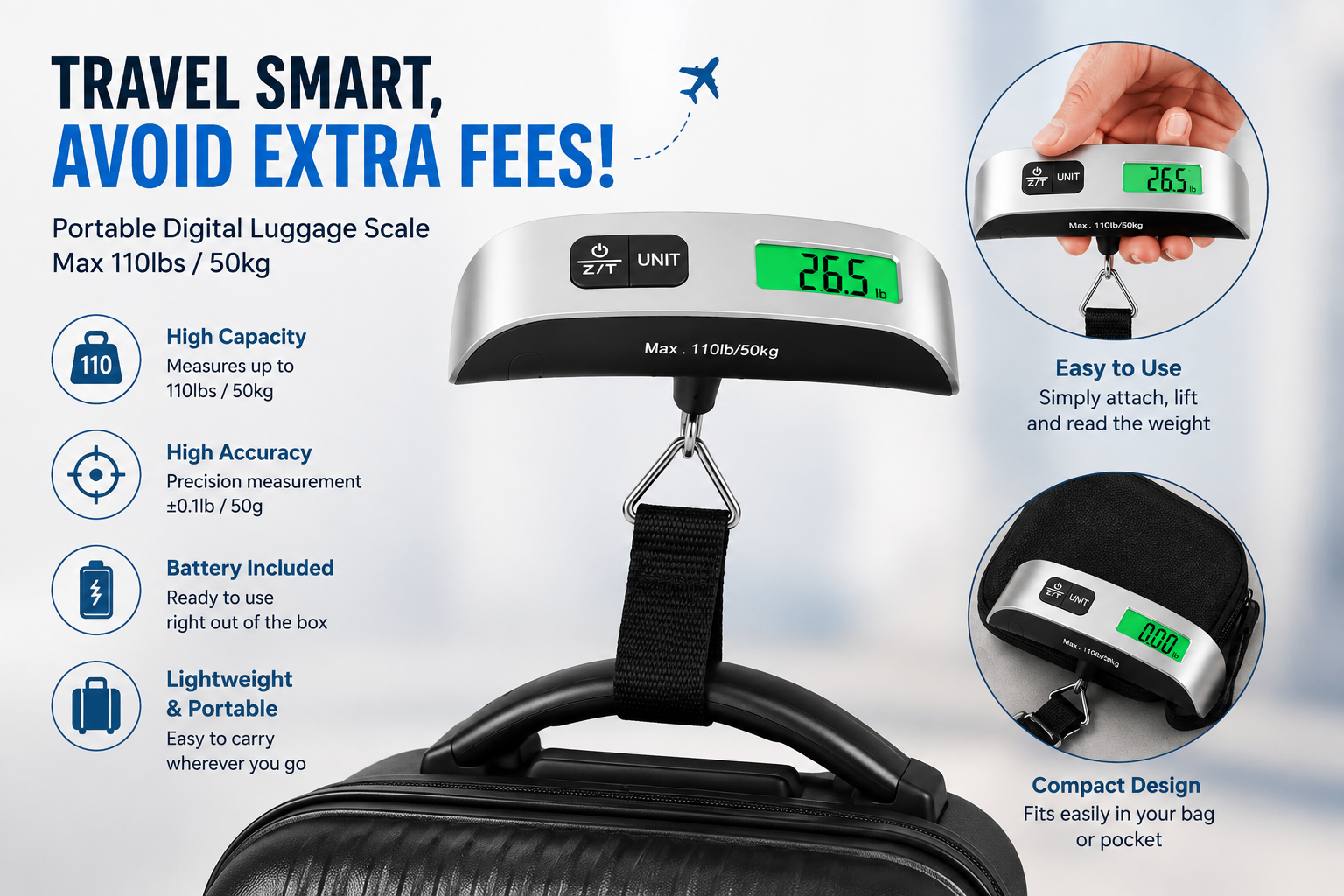 Digital luggage scale attached to a suitcase with feature details