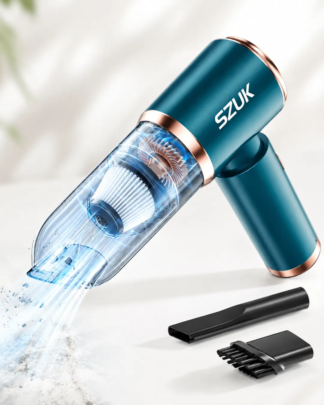 Blue cordless handheld vacuum cleaner shown with its filter and nozzle attachments