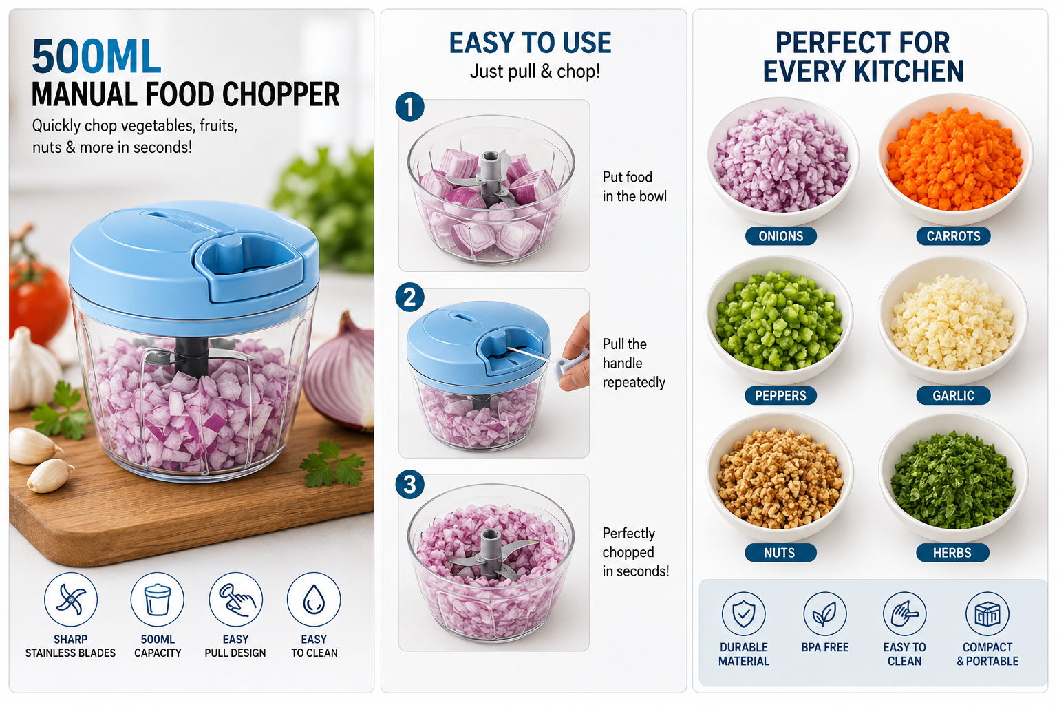 The chopper in use: fill the bowl, pull the handle, chopped in seconds