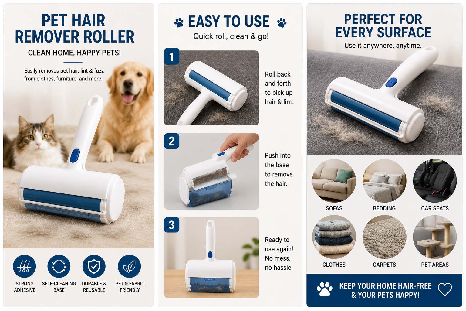 Pet hair remover roller in use on furniture, bedding and clothing