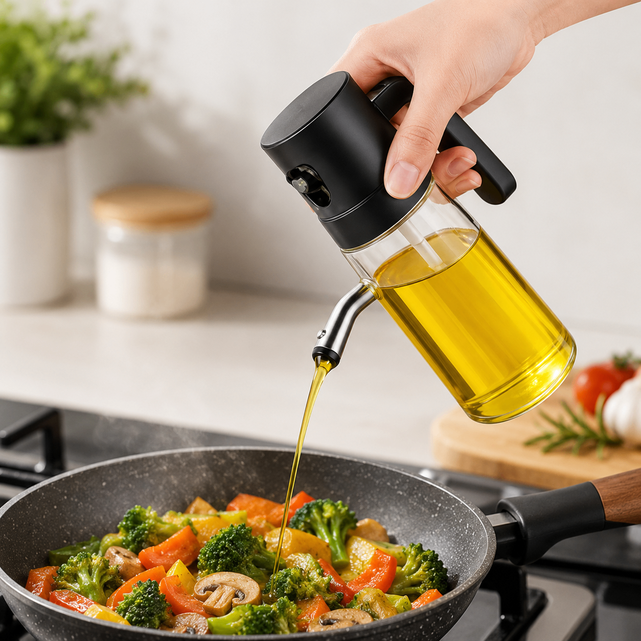 The same bottle pouring a steady stream of oil into a pan