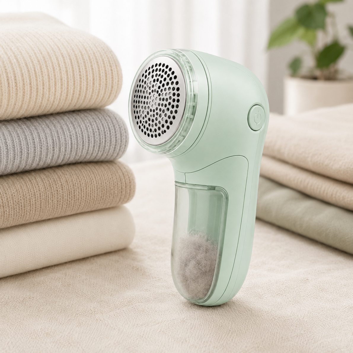Green fabric shaver beside folded knitwear