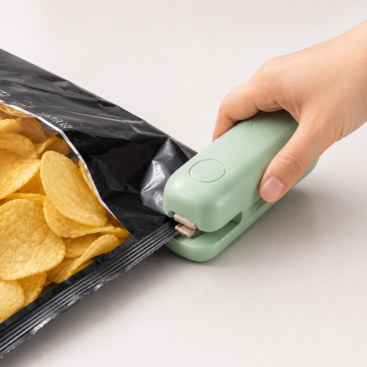 Green mini bag sealer closing an opened bag of chips