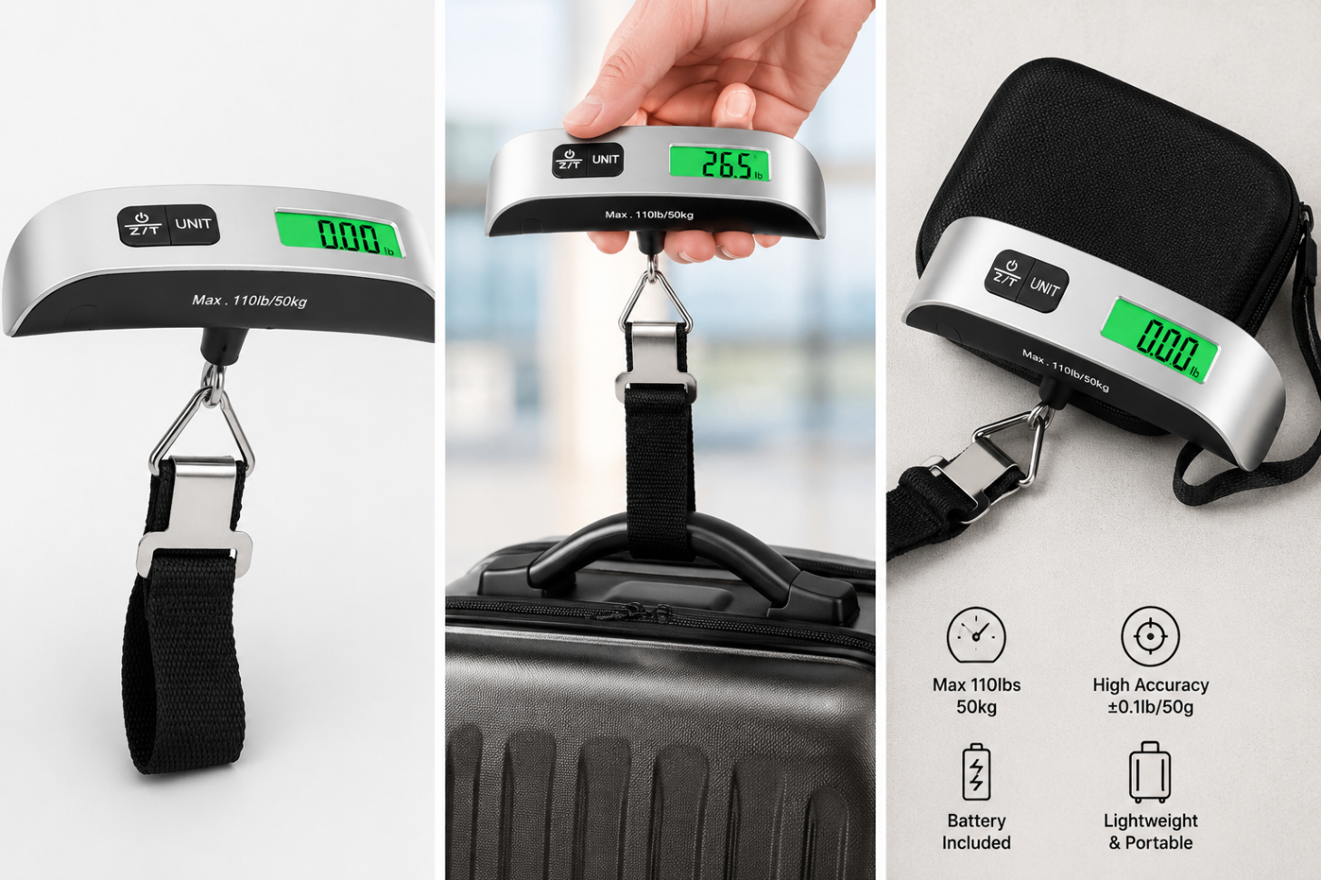 Detail panels showing the luggage scale, suitcase use and compact storage