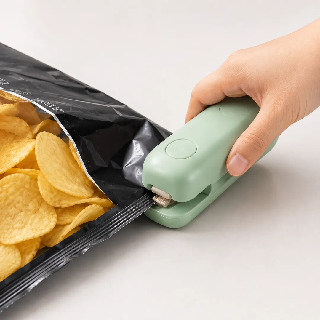 Green mini bag sealer closing an opened bag of chips