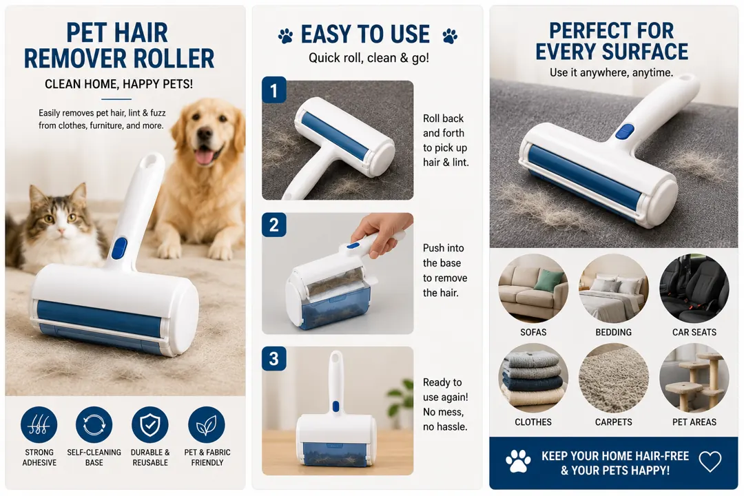 Pet hair remover roller in use on furniture, bedding and clothing
