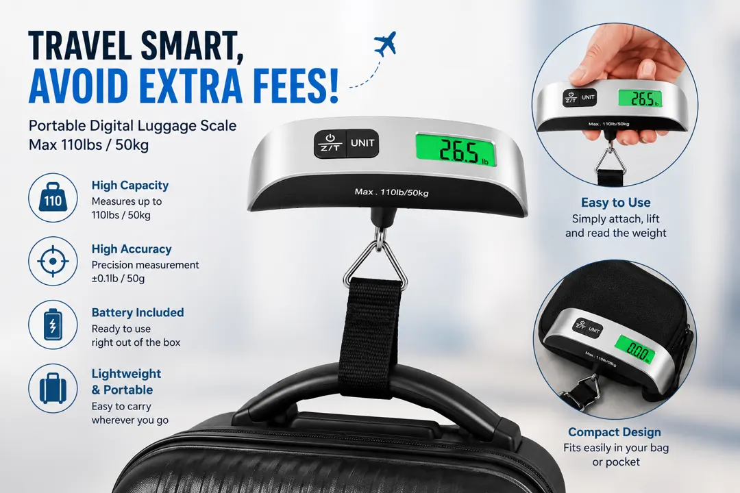 Digital luggage scale attached to a suitcase with feature details
