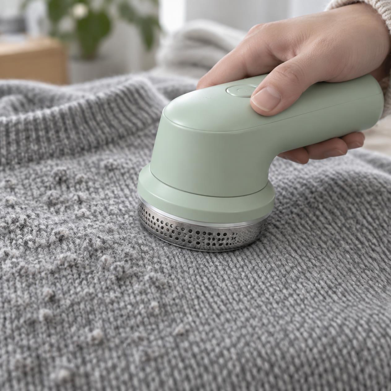 Hand holding the green fabric shaver with its round perforated head flat against a grey knitted sweater while removing bobbles